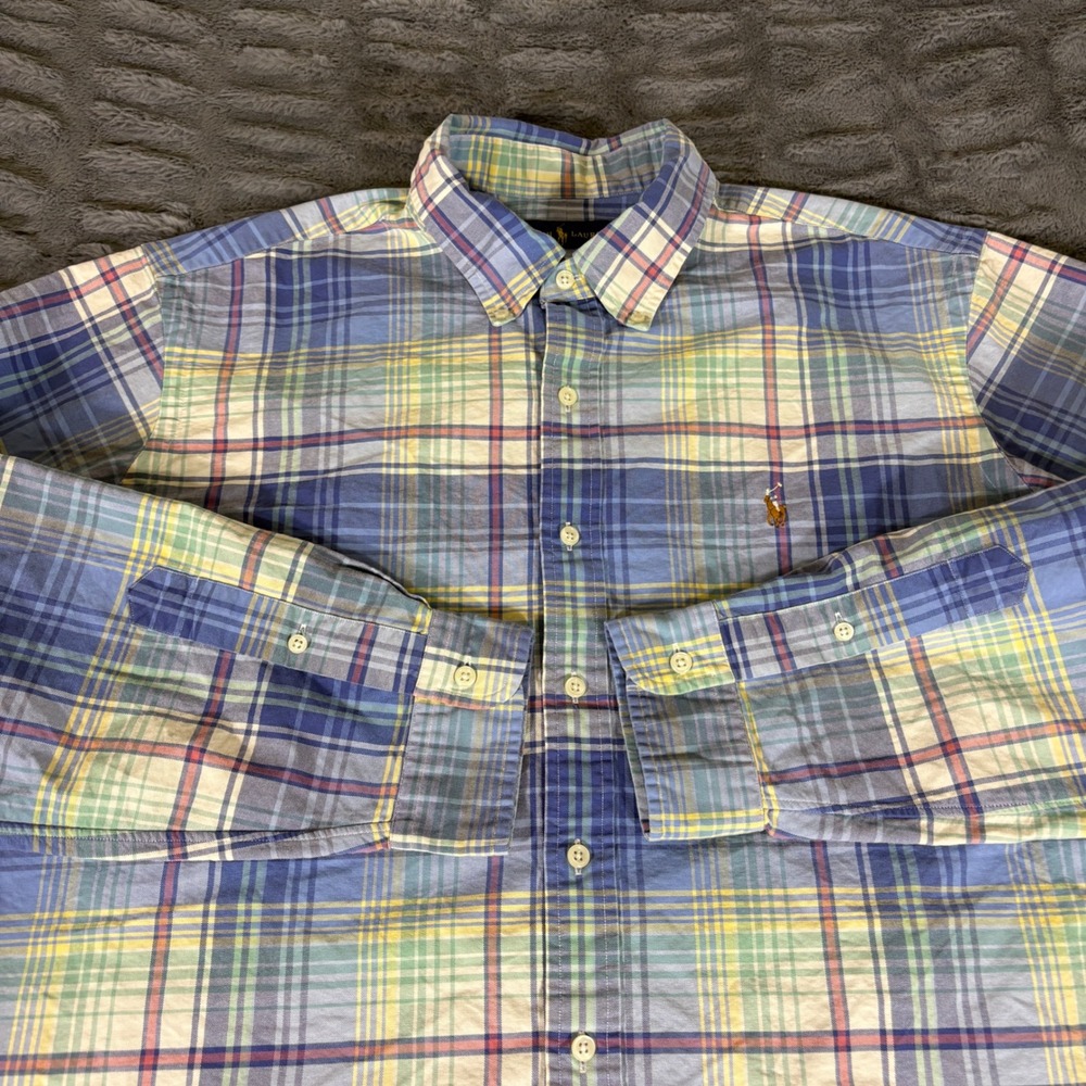 Ralph Lauren Mens XXL Plaid Button Front Shirt Blue Yellow Green Pastel Madras